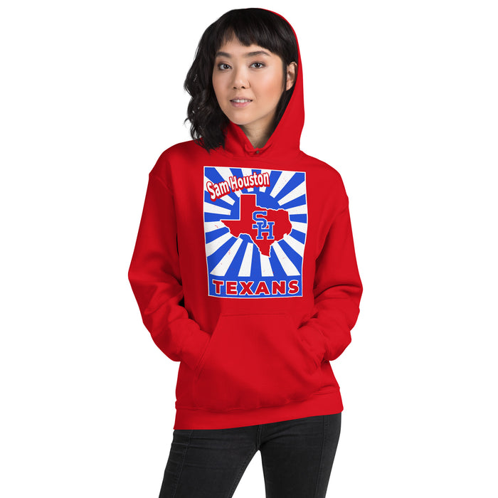 Woman wearing Sam Houston High School Texans Red Classic Unisex Hoodie 226