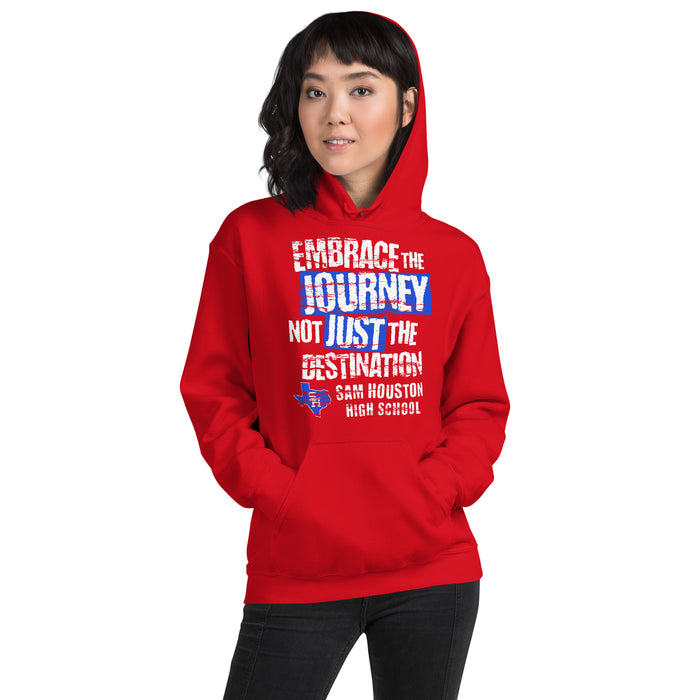 Woman wearing Sam Houston High School Texans Red Classic Unisex Hoodie 232