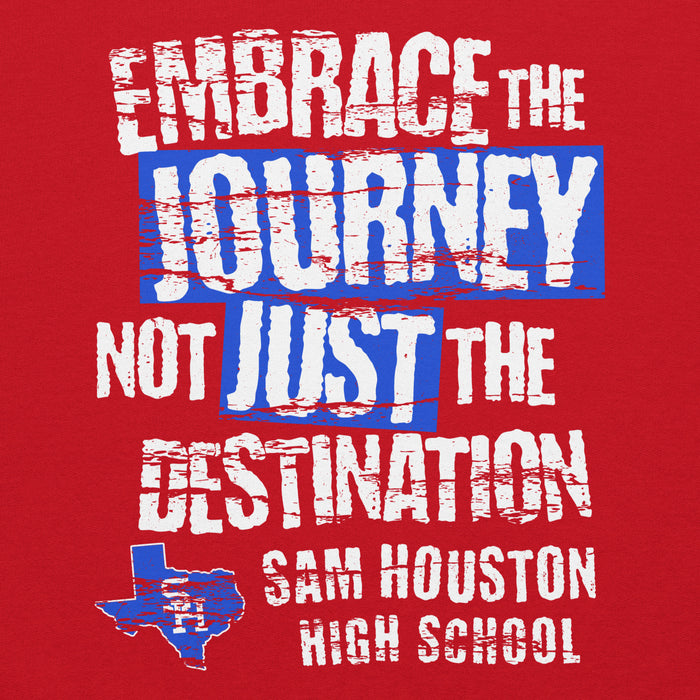 Close-up view of Sam Houston High School Texans Red Classic Unisex Hoodie 232