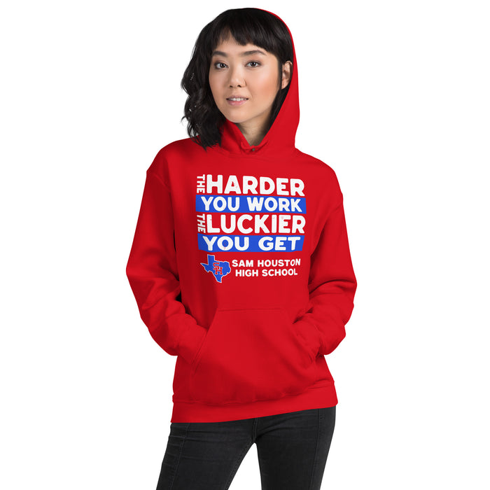 Woman wearing Sam Houston High School Texans Red Classic Unisex Hoodie 238