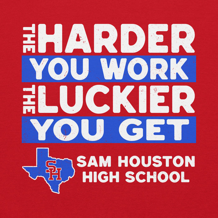 Close-up view of Sam Houston High School Texans Red Classic Unisex Hoodie 238
