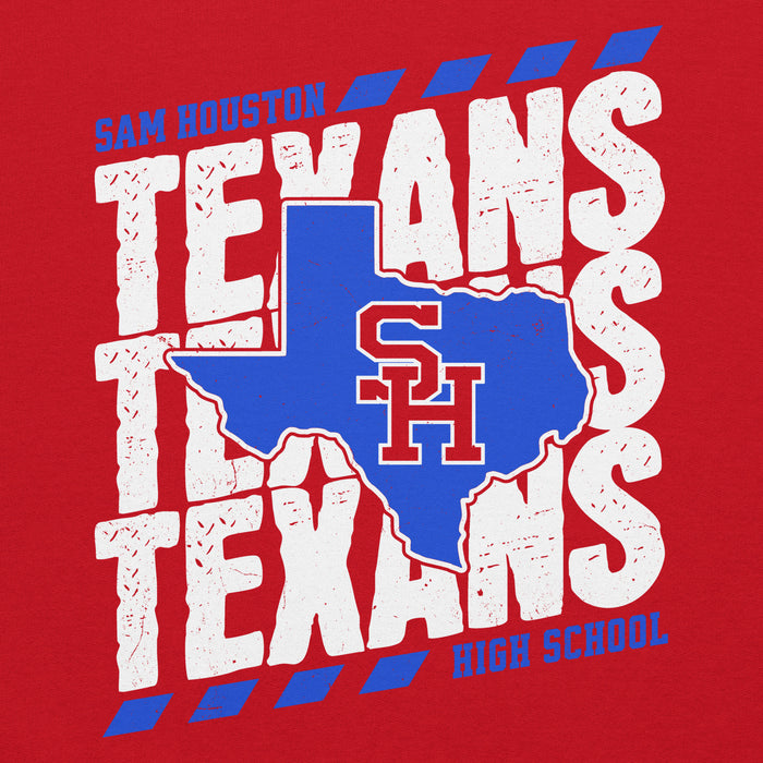 Close-up view of Sam Houston High School Texans Red Classic Unisex Hoodie 223