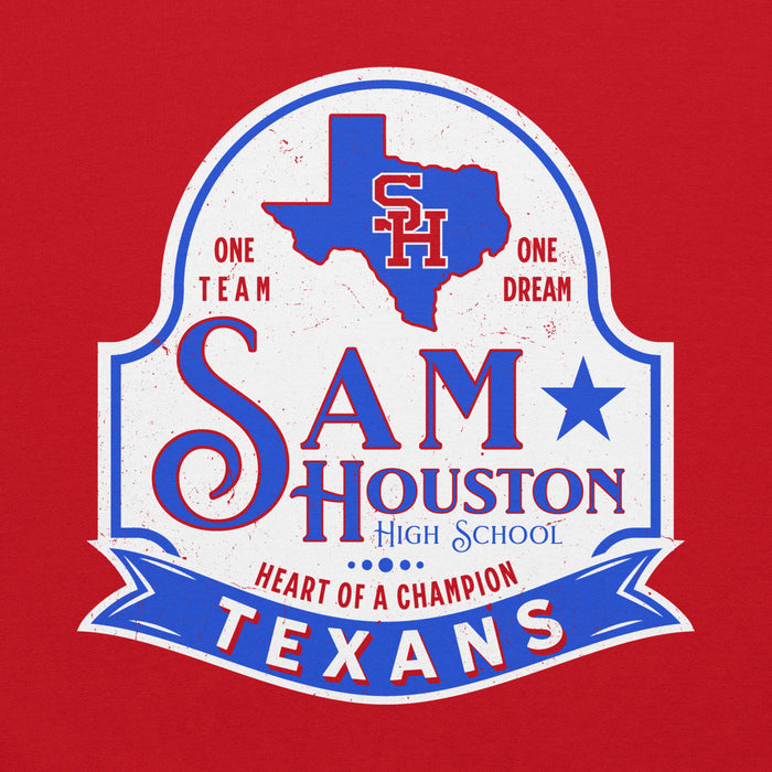 Close-up view of Sam Houston High School Texans Red Classic Unisex Hoodie 219