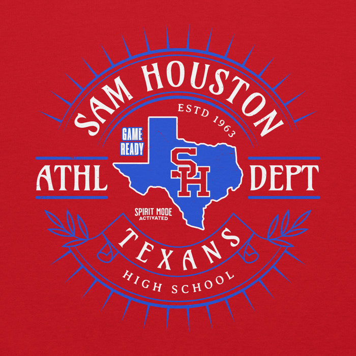 Close-up view of Sam Houston High School Texans Red Classic Unisex Hoodie 201