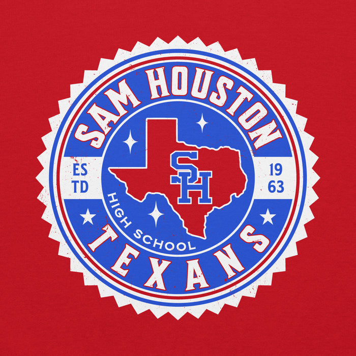 Close-up view of Sam Houston High School Texans Red Classic Unisex Hoodie 203