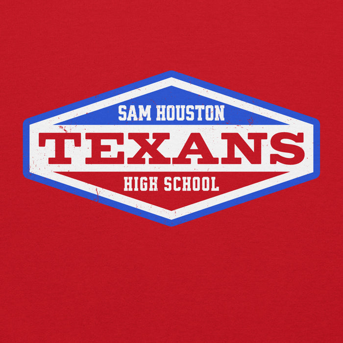 Close-up view of Sam Houston High School Texans Red Classic Unisex Hoodie 009