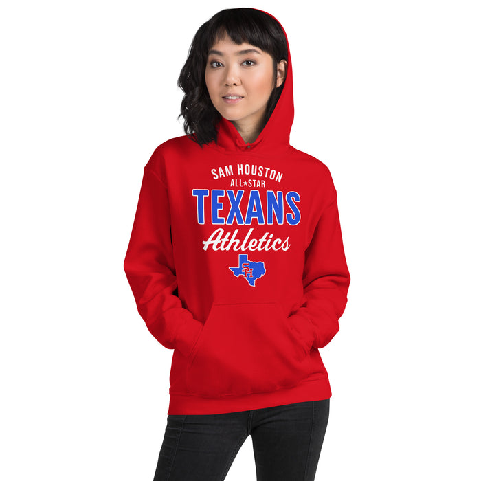 Woman wearing Sam Houston High School Texans Red Classic Unisex Hoodie 034