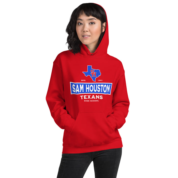 Woman wearing Sam Houston High School Texans Red Classic Unisex Hoodie 202