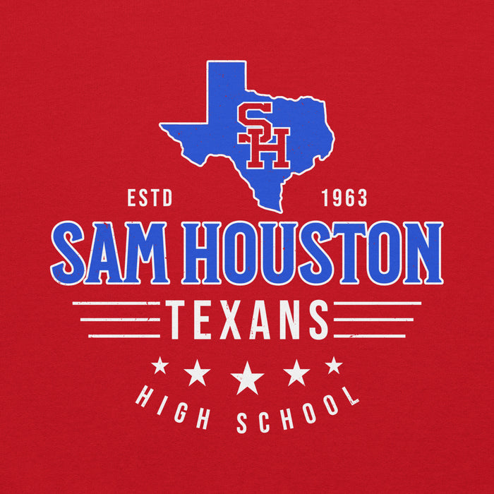 Close-up view of Sam Houston High School Texans Red Classic Unisex Hoodie 217