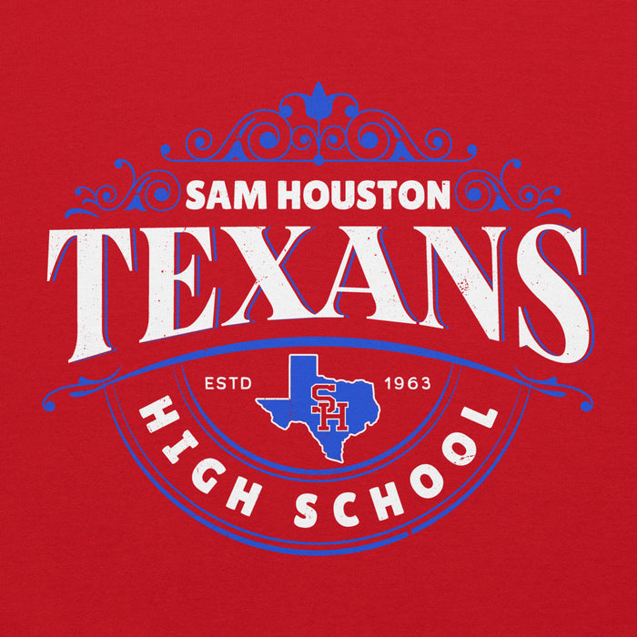 Close-up view of Sam Houston High School Texans Red Classic Unisex Hoodie 211