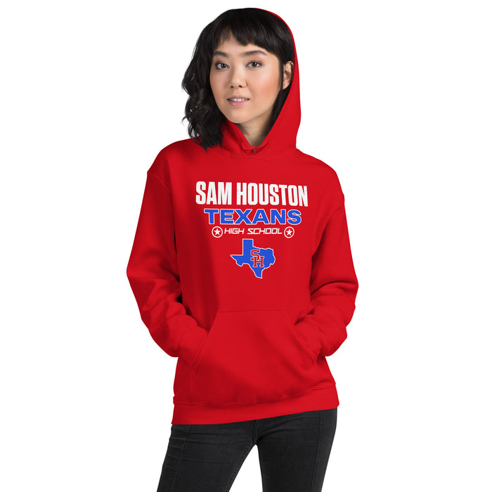 Man wearing Sam Houston High School Texans Red Classic Unisex Hoodie 003