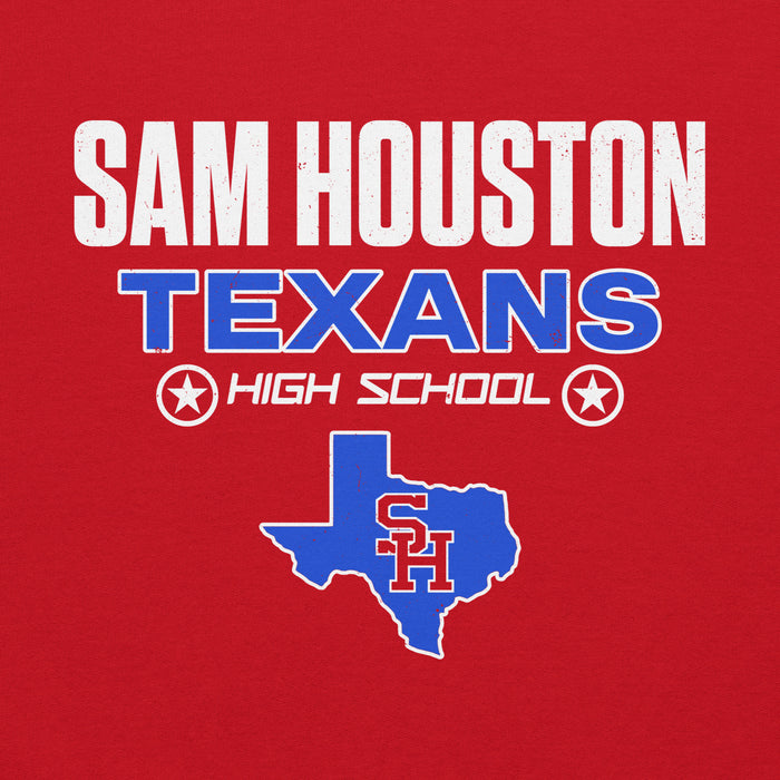 Close-up view of Sam Houston High School Texans Red Classic Unisex Hoodie 003