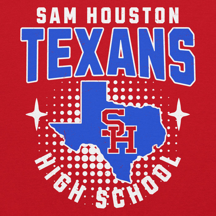 Close-up view of Sam Houston High School Texans Red Classic Unisex Hoodie 204