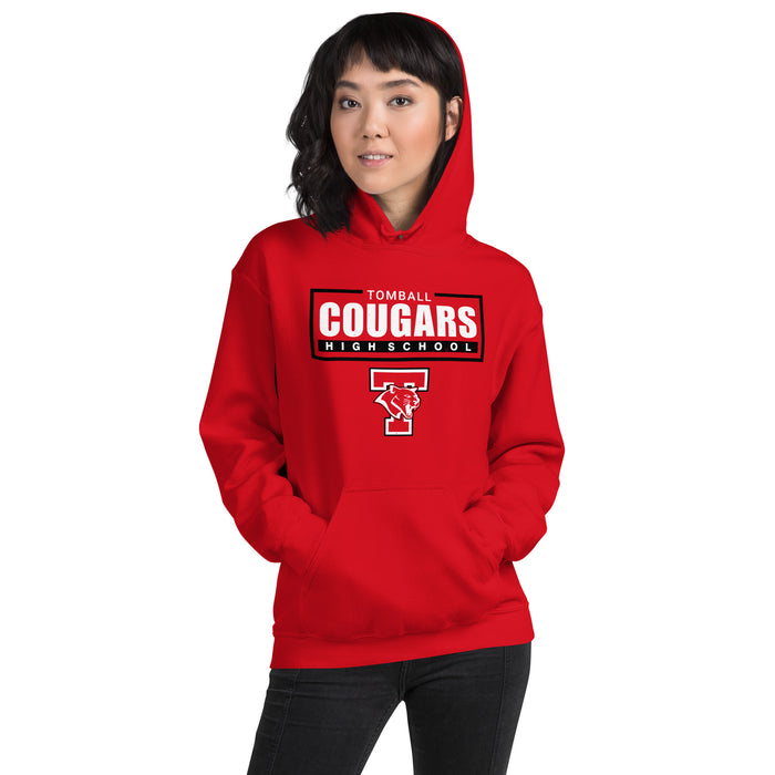 Woman wearing Tomball High School Cougars Red Classic Unisex Hoodie 049