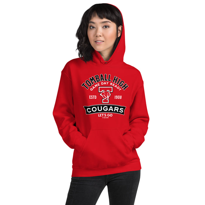 Woman earing Tomball High School Cougars Red Classic Unisex Hoodie 221