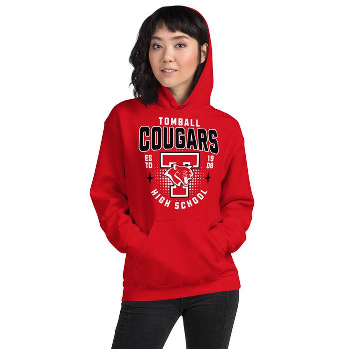 Woman wearing Tomball High School Cougars Red Classic Unisex Hoodie 204