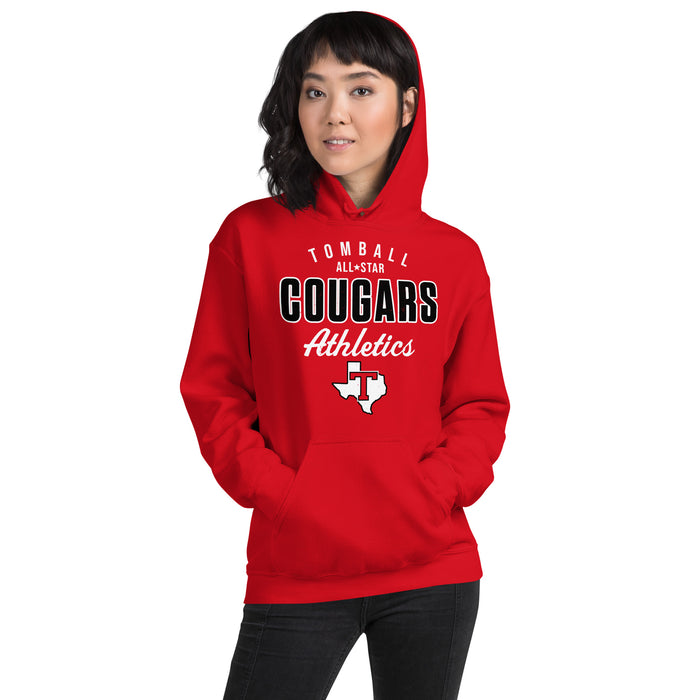 Woman wearing Tomball High School Cougars Red Classic Unisex Hoodie 034