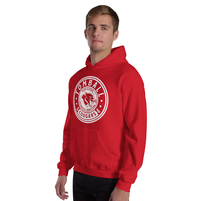 Man wearing Tomball High School Cougars Red Classic Unisex Hoodie 220