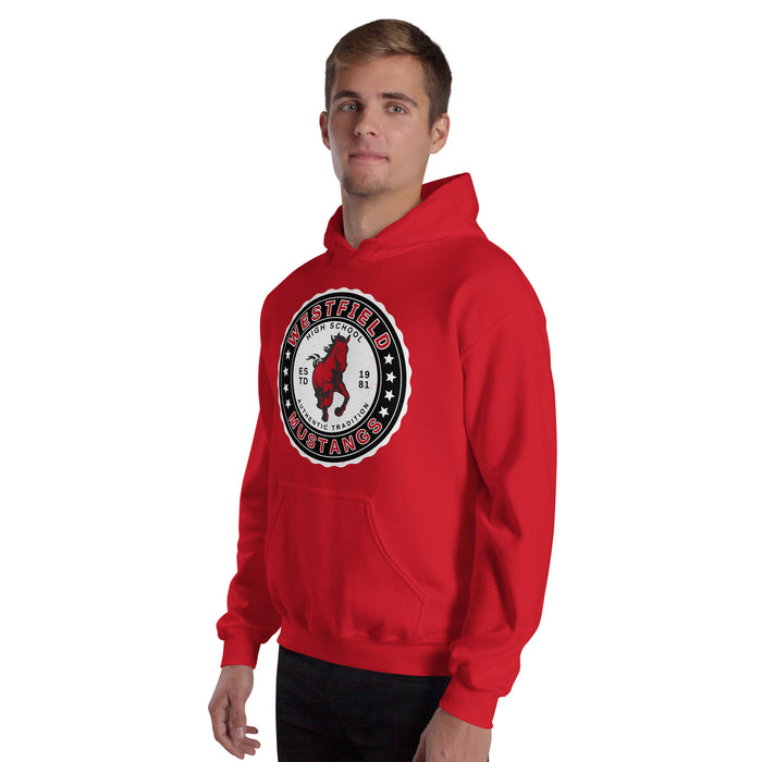 Man wearing Westfield High School Mustangs Red Classic Unisex Hoodie 216