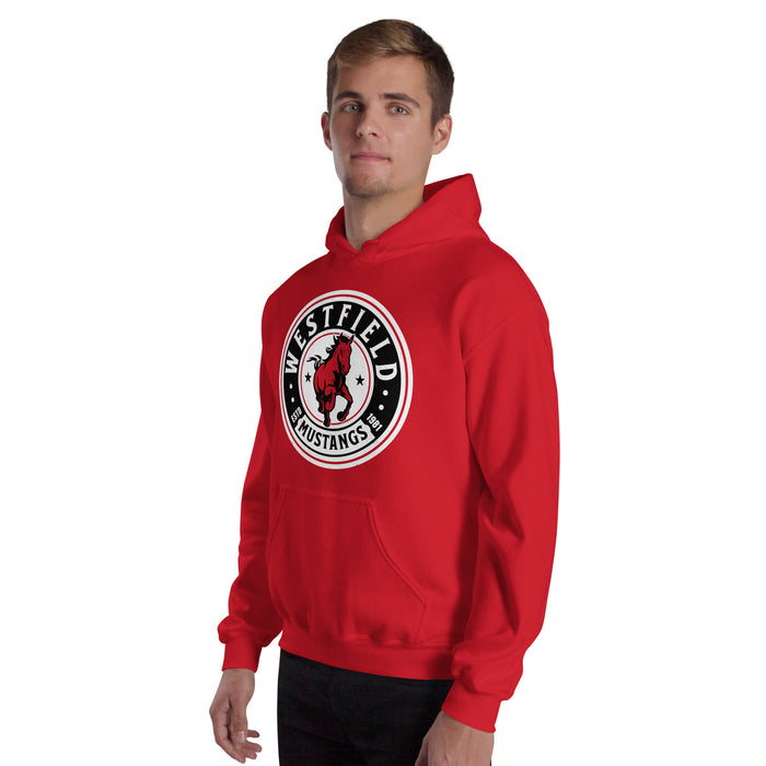 Man wearing Westfield High School Mustangs Red Classic Unisex Hoodie 220