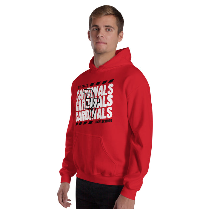 Man wearing Del Valle High School Cardinals Red Classic Unisex Hoodie 223