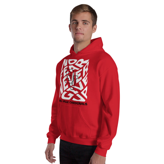 Man wearing Del Valle High School Cardinals Red Classic Unisex Hoodie 236