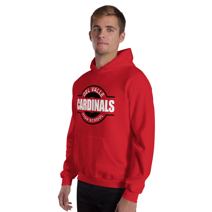 Man wearing Del Valle High School Cardinals Red Classic Unisex Hoodie 011