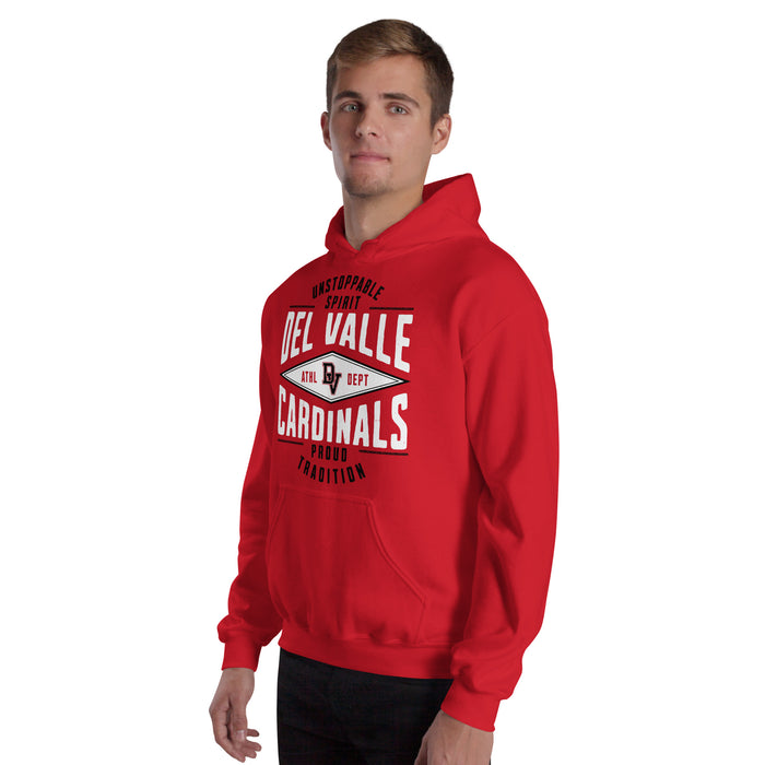 Man wearing Del Valle High School Cardinals Red Classic Unisex Hoodie 210