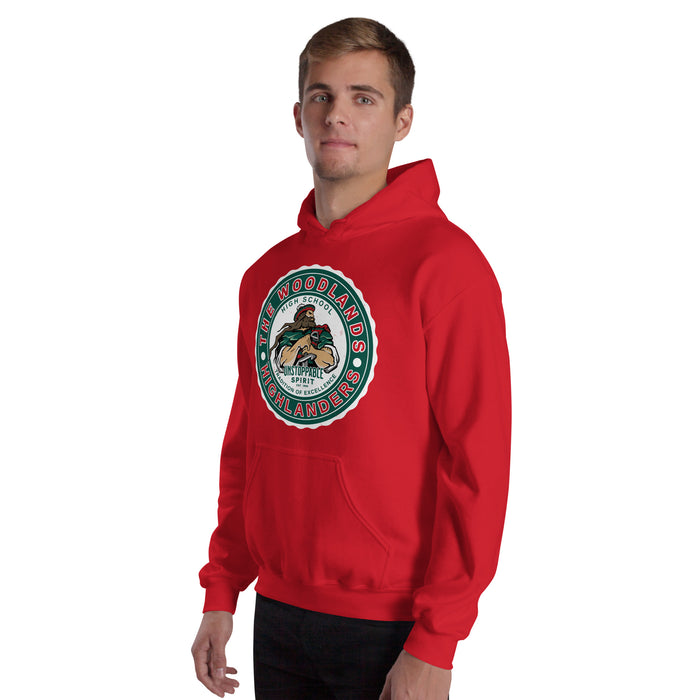 Man wearing The Woodlands High School Highlanders Red Classic Unisex Hoodie 216