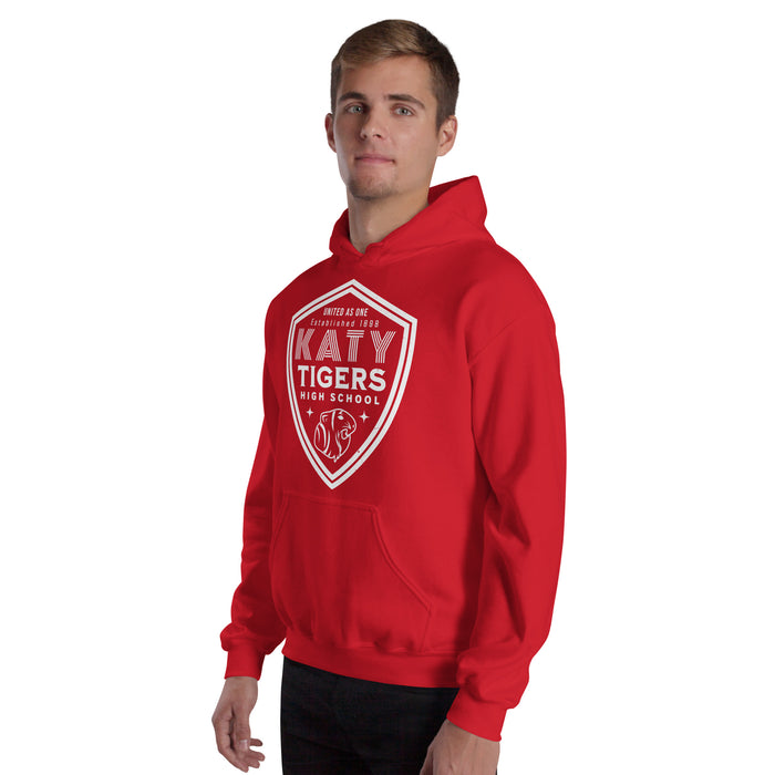 Man wearing Katy High School Tigers Red Classic Unisex Hoodie 225