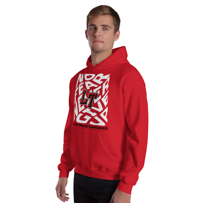 Man wearing Lake Travis High School Cavaliers Red Classic Unisex Hoodie 236