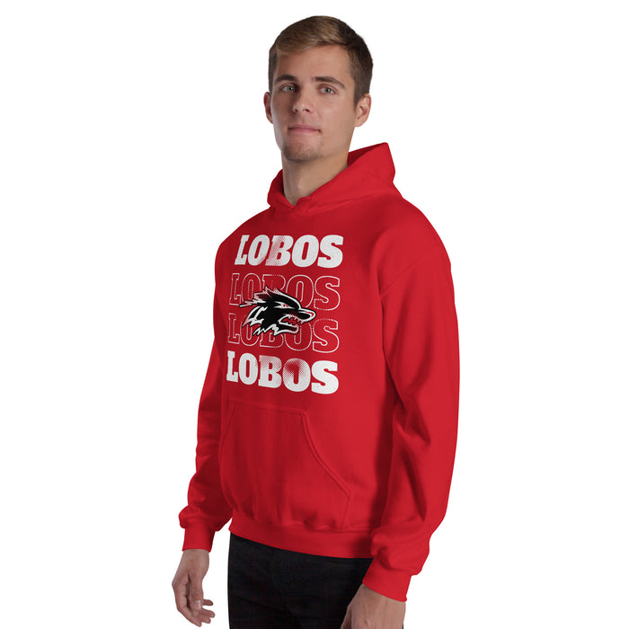 Man wearing Langham Creek High School Lobos Red Classic Unisex Hoodie 233