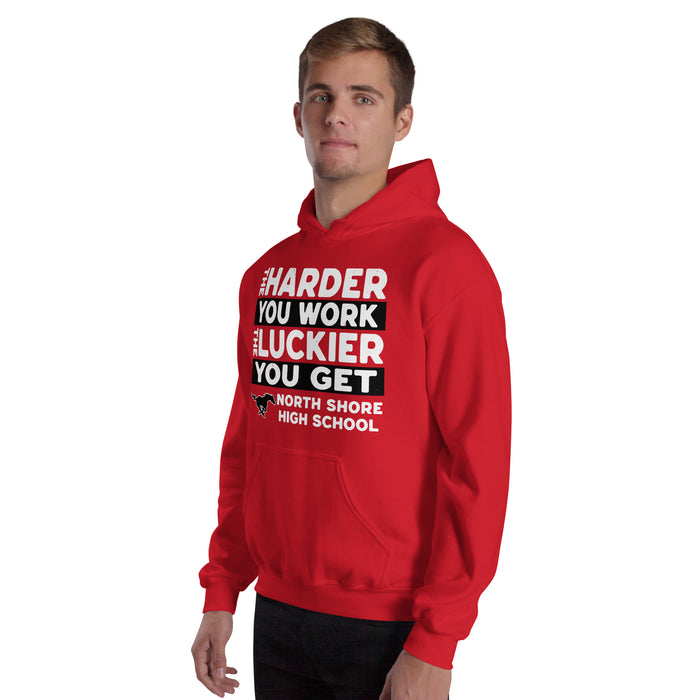 Man wearing North Shore High School Mustangs Red Classic Unisex Hoodie 238