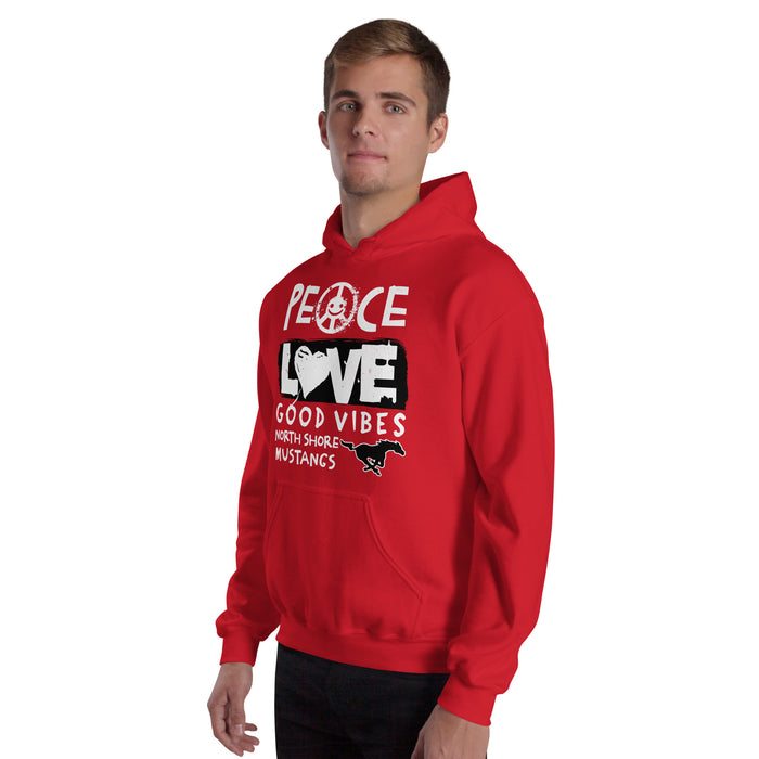 Man wearing North Shore High School Mustangs Red Classic Unisex Hoodie 240