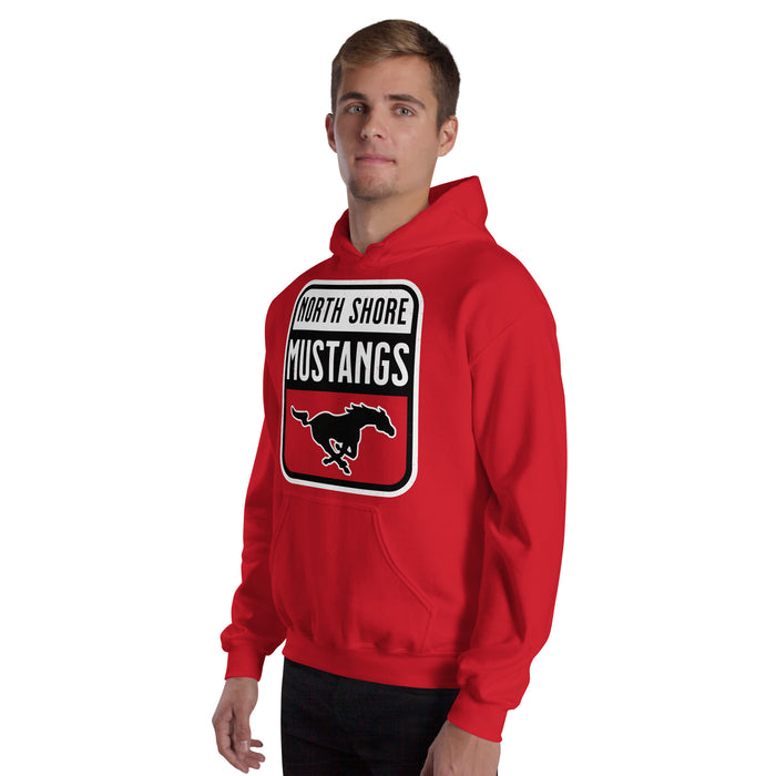 Man wearing North Shore High School Mustangs Red Classic Unisex Hoodie 001