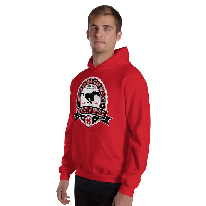 Man wearing North Shore High School Mustangs Red Classic Unisex Hoodie 212