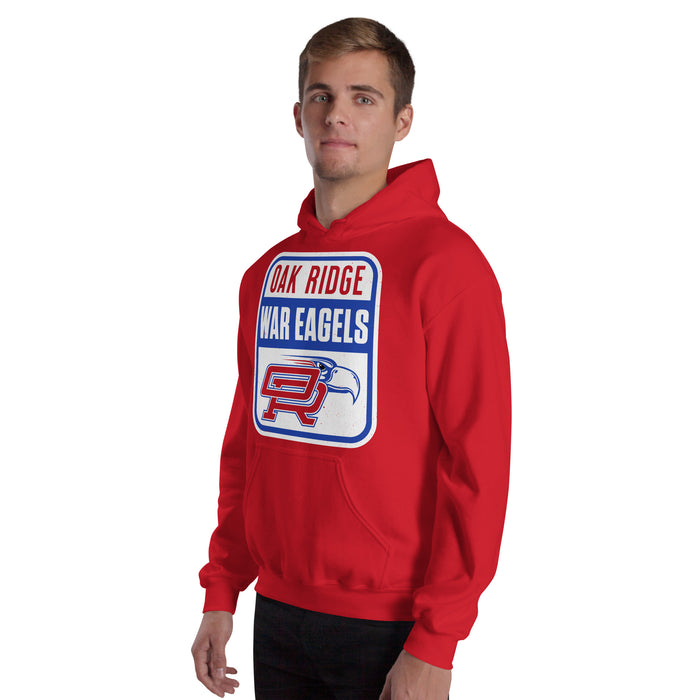 Man wearing Oak Ridge High School War Eagles Red Classic Unisex Hoodie 001