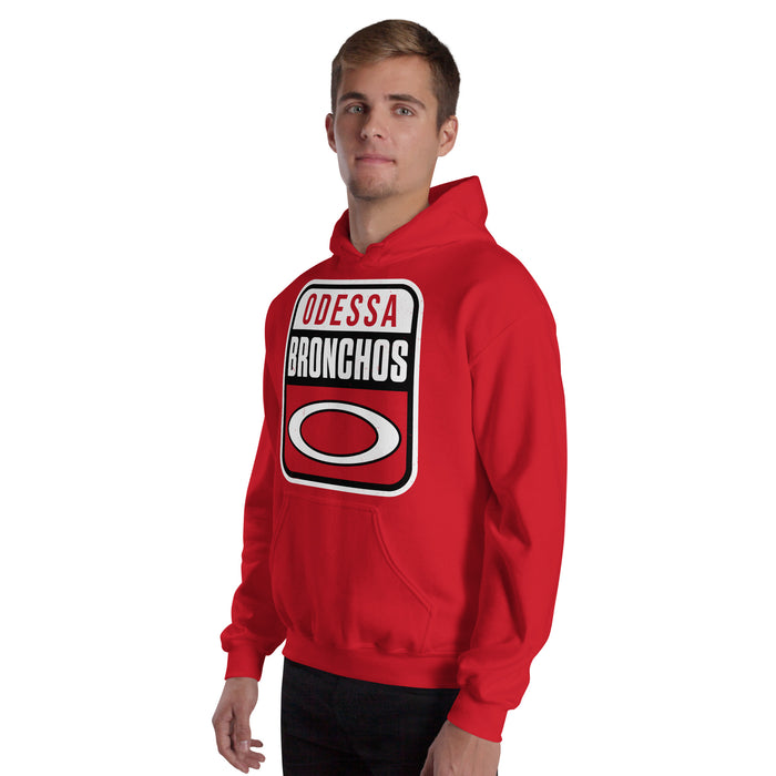 Man wearing Odessa High School Bronchos Red Classic Unisex Hoodie 001