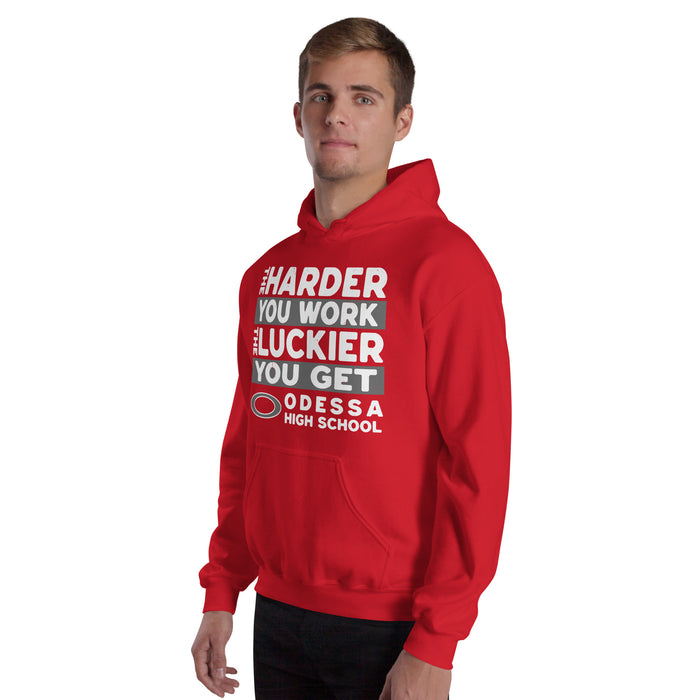 Man wearing Odessa High School Bronchos Red Classic Unisex Hoodie 238