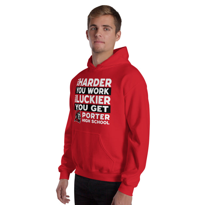 Man wearing Porter High School Spartans Red Classic Unisex Hoodie 238