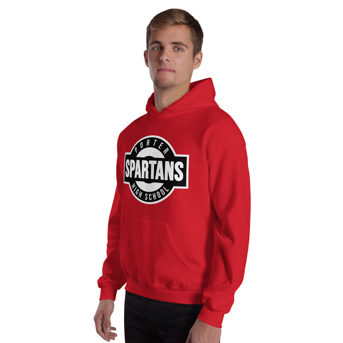 Man wearing Porter High School Spartans Red Classic Unisex Hoodie 011
