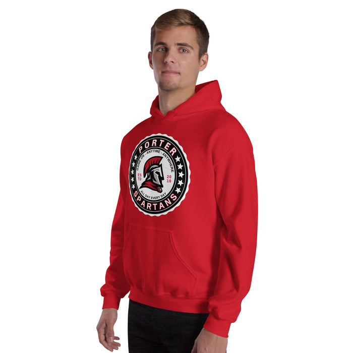 Man wearing Porter High School Spartans Red Classic Unisex Hoodie 216
