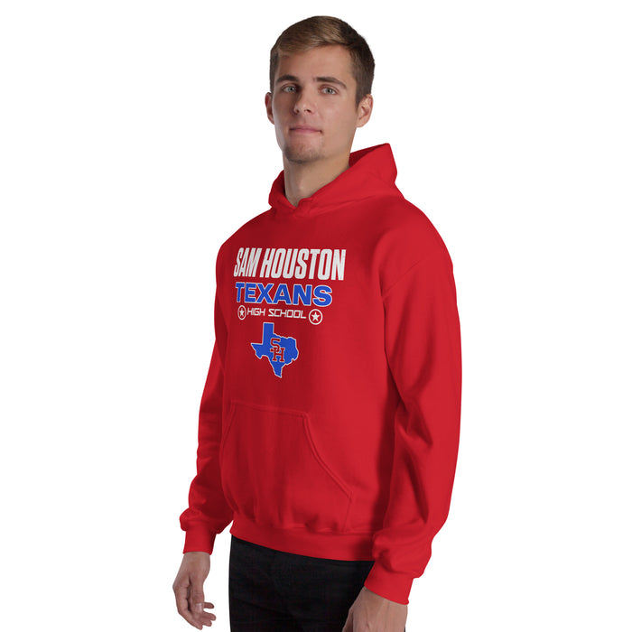 Man wearing Sam Houston High School Texans Red Classic Unisex Hoodie 003