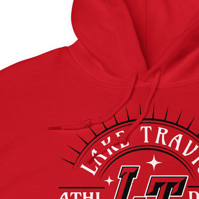 Close-up view of a red hoodie showing hood and drawcords for Lake Travis High School. Design #201