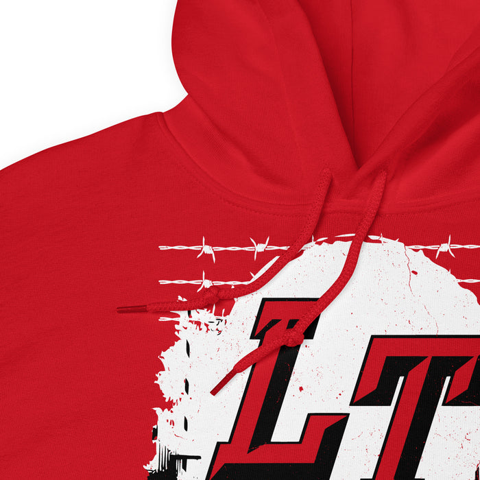 Close-up view of a red hoodie showing hood and drawcords for Lake Travis High School. Design #202