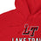 Close-up view of a red hoodie showing hood and drawcords for Lake Travis High School. Design #217