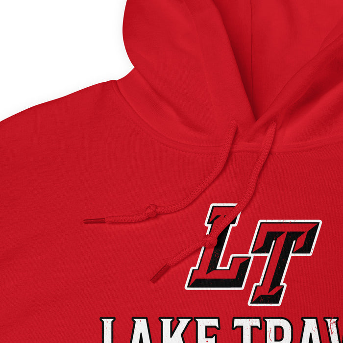 Close-up view of a red hoodie showing hood and drawcords for Lake Travis High School. Design #217