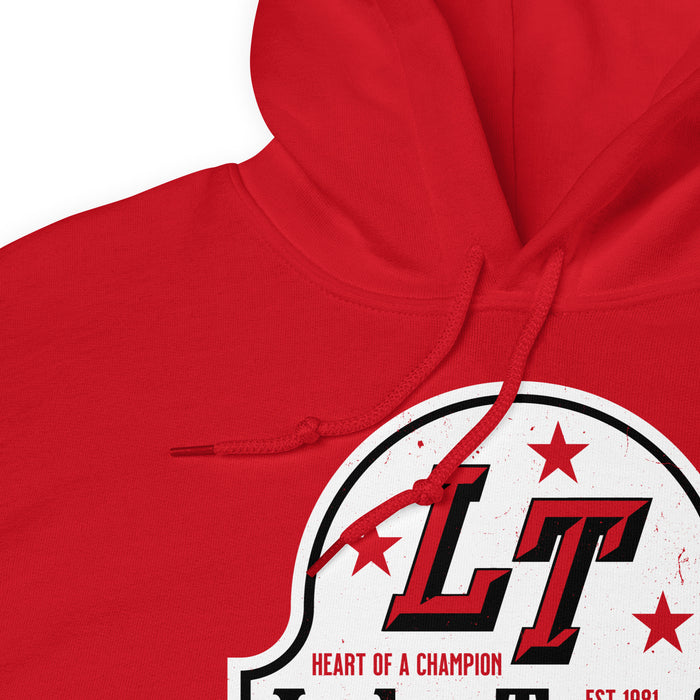 Close-up view of a red hoodie showing hood and drawcords for Lake Travis High School. Design #219