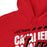 Close-up view of a red hoodie showing hood and drawcords for Lake Travis High School. Design #223