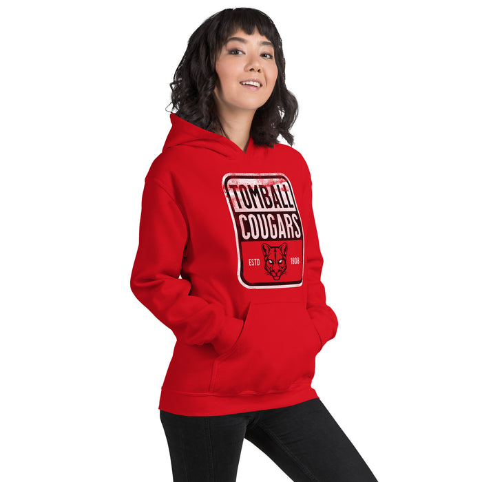 Woman wearing a Tomball High School Cougars Red Classic Unisex Hoodie 01